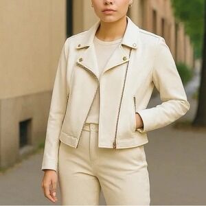 Peter‎ Som Moto Jacket Women's Off-White Full Zip Long Sleeve Casual